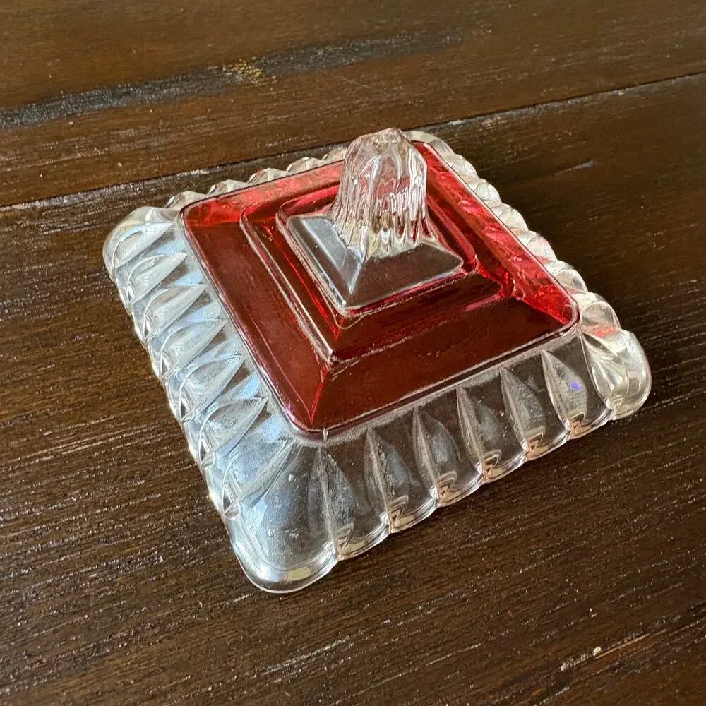 Vintage Glass Candy Dish Ruby Flash Lid Footed Compote Mismatched Eclectic 30s